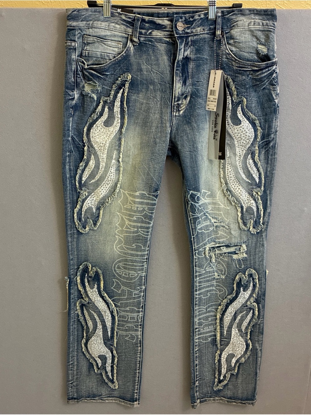 NWT - Smoke Rise Fray Patch Denim Jeans Rhodes Blue Rhinestone Flame Streetwear